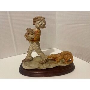 Pucci Capodimonte Style Figurine Boy with Puppies and Dog on Wood Base